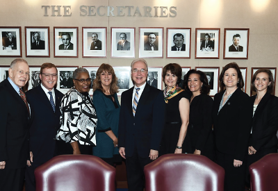 Photo: John Renner, M.D., president of the American Academy of Addiction Psychiatry (AAAP); Saul Levin, M.D,, M.P.A., CEO and medical director of APA; Altha Stewart, M.D., APA president-elect; Kathryn Castes-Wessel, CEO of AAAP; Health and Human Services Secretary Tom Price; Margaret Kotz, D.O., past president, American Osteopathic Academy of Addiction Medicine (AOAAM); Nina Albano Vidner, executive director of AOAAM; Kelly Clark, M.D., M.B.A,. president of the American Society for Addiction Medicine (ASAM); and Susan E. Awad, ASAM’s director​of advocacy and government relations.
