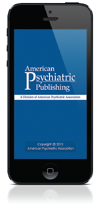 Photo of iPhone showing logo of American Psychiatric Publishing Inc., publisher of DSM-5.