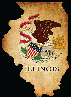 Graphic of Illinois with state symbol inside map outline”