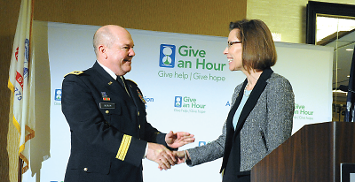 National Guard Director Lt. Gen. William Ingram Jr. (left) and Barbara van Dahlen, Ph.D., founder of Give an Hour.