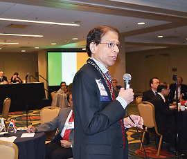 Outgoing APA President Dilip Jeste, M.D., addresses APA’s international members at a reception.