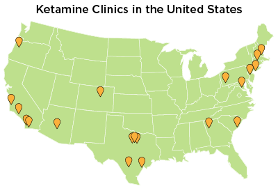 Image: United States map with indicated locations of ketamine clinics.