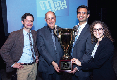 Glen Gabbard, M.D., after winning last year’s competition are (from left) Columbia residents Neil Gray, M.D., Ph.D., Anthony Zhoghbi, M.D., and Gabriella Rothberger, M.D.