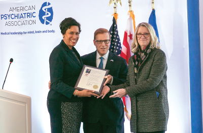 Photo: Mayor Muriel Bowser, APA CEO and Medical Director Saul Levin, M.D., M.P.A., and APA President Anita Everett, M.D.
