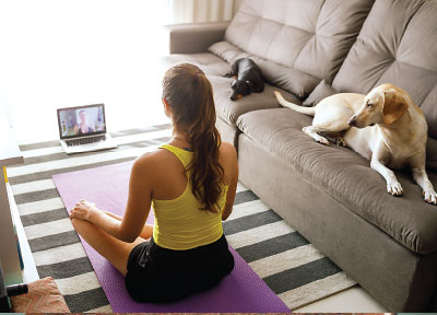 Photo: Lady meditating in front of a laptop with 2 dogs on the couch on her right side