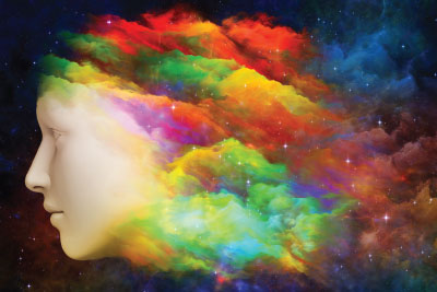 graphic: head emerging from a rainbow clouds