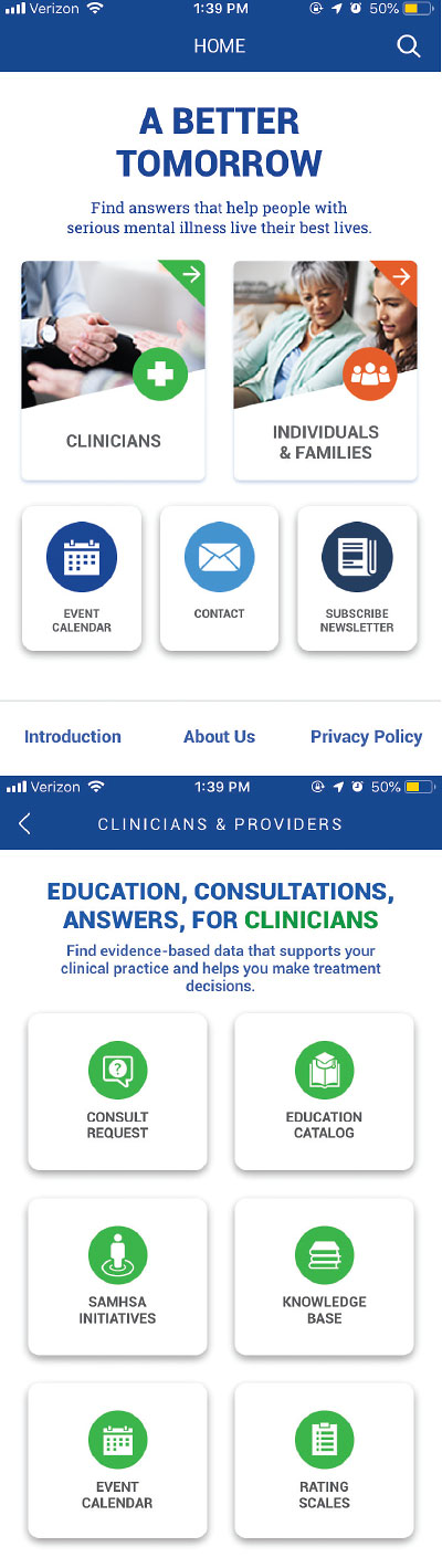 Photo: Screenshot of the apps for SMI Adviser for individial with serious mental illness, and clinicians