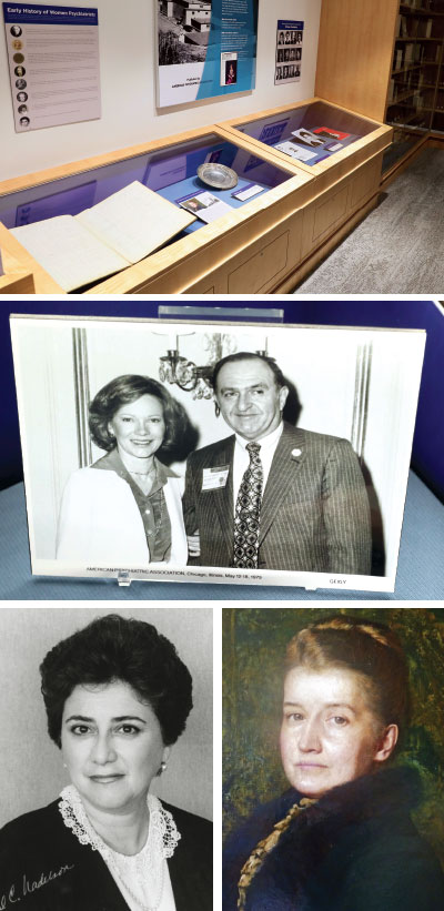 Photo: Top APA’s Melvin Sabshin, M.D. Library and Archives at APA’s headquarters in Washington, D.C.; second from the top,  Lady Rosalynn Carter pictured with Sabshin; bottom left, Carol Nadelson, M.D.; bottom right Alice Bennett, M.D., Ph.D.