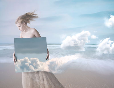 Graphic: imaginary painting of a lady floating between clouds with mirror in her hands