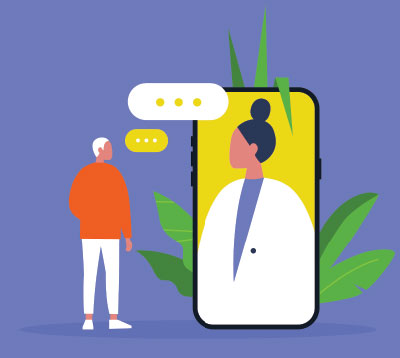 Graphic: drawing of a person chatting with a cellphone showing a doctor on the screen