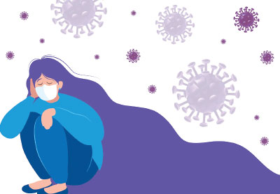 Graphic: Drawing of a lady wearing a mask squatted and surrounded by COVID-19 viruses