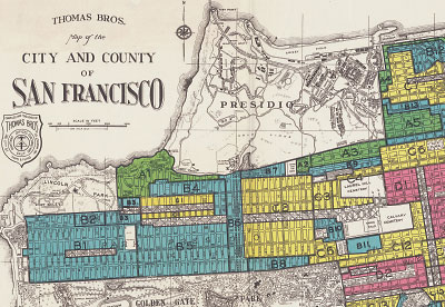 Redlining, as illustrated in this historic map of San Francisco, was instituted in the 1930s and involves labeling certain communities, particularly minority communities, as high risk for mortgage loans based on race and not ability to pay.