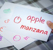 Photo: cue cards with words in English and Spanish