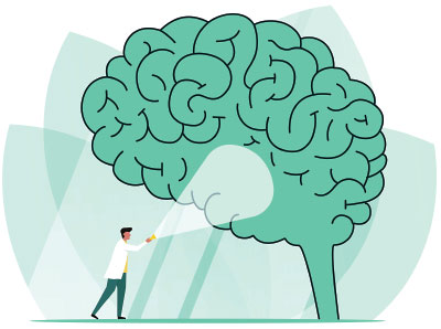 Graphic: labcoat guy exploring the brain