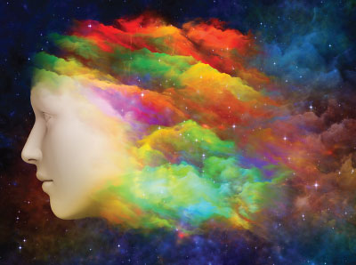 Graphic: Interplay of human head and fractal colors on the subject of mind, dreams, thinking, consciousness and imagination