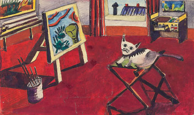 Photo: Painting of an intimate space of a visual artist. The tools of the craft are present, with a work in progress at the center of the painting and a solitary cat as companion. Untitled, 1950 by René Héroult; crayon and gouache.