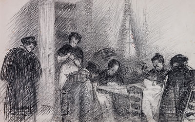 Photo: Charcoal drawing of women performing the domestic task of sewing. Untitled, 1906, by H.A.R.; charcoal on paper.