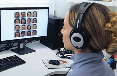Photo: Photograph of woman looking at computer screen with multiple faces displayed.