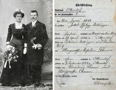 Photo: Wedding of a French émigré’s grandparents and their marriage certificate.