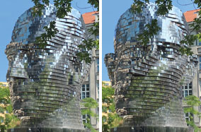 This twisting and reflective sculpture by Czech artist David Černý depicts the head of Franz Kafka. The above photos capture the change in the appearance of the head as the 42 layers of metallic sheets move. The sheets move laterally and independently for 15 minutes each hour so that the face is completely shown.