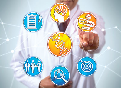person with in white coat selecting icons