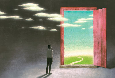 illustration of a man in a dark room with a large open door to a bright outside
