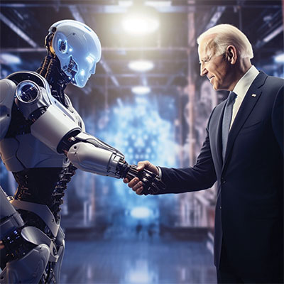 AI generated image of President Joe Biden shaking hands with a robot.