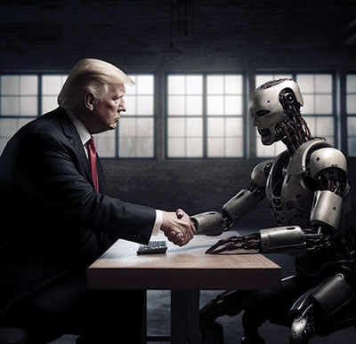 AI generated image of former President Donald Trump shaking hands with a robot.