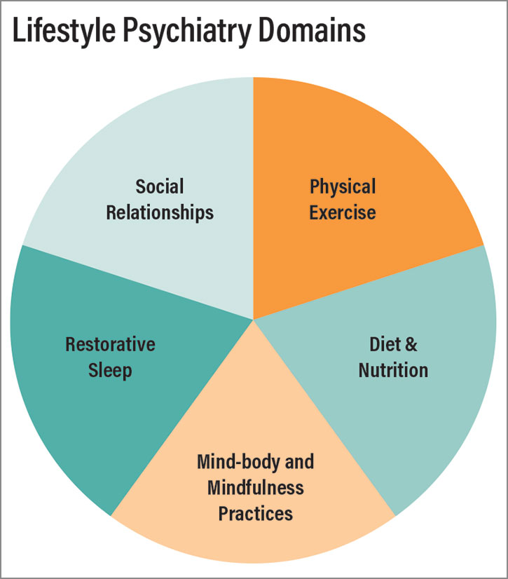 Pie chart showing an equal representation of Social Relationships, Physical Exercise, Diet and Nutrition, Mind-body and Mindfulness Practices, and Restorative Sleep.