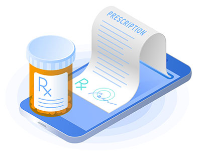 Illustration of a prescription pill container on a mobile phone.